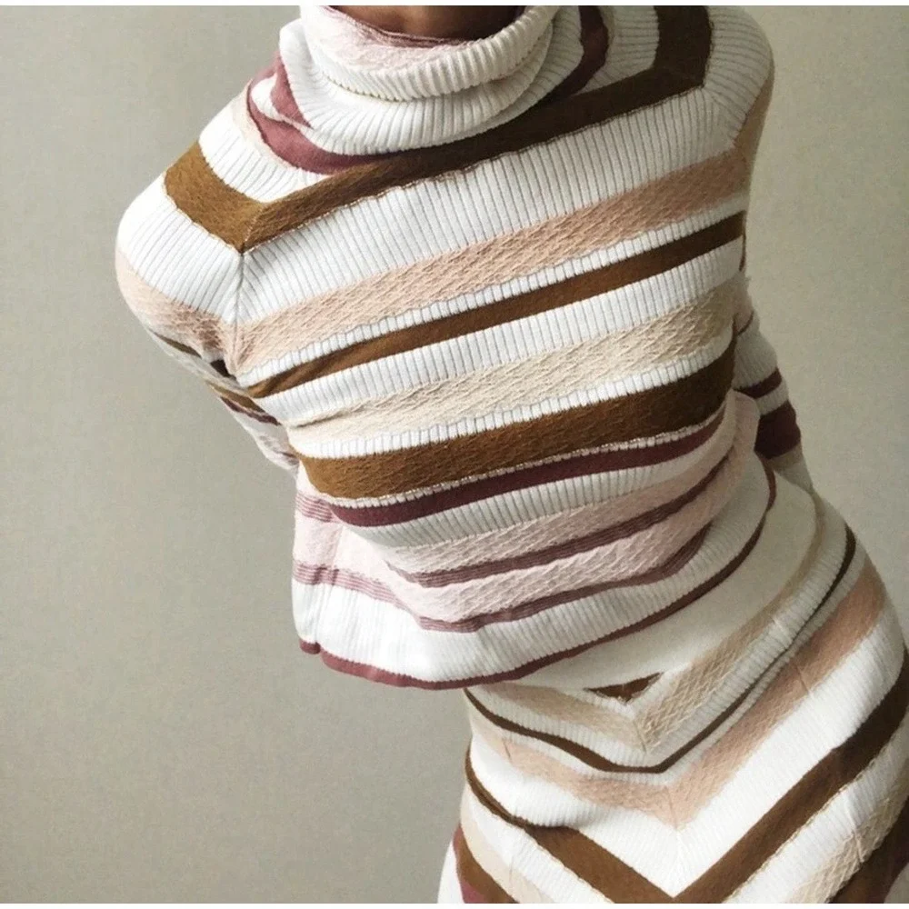 NWT Free People Stripe Turtleneck Sweater &‎ Chevron Mini Skirt Set XS Neutral